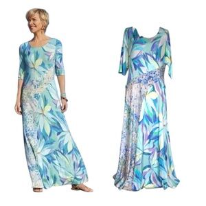 Soft Surroundings Stella Dress Maxi Painterly Floral Rayon Spandex sz Lg‎ Petite